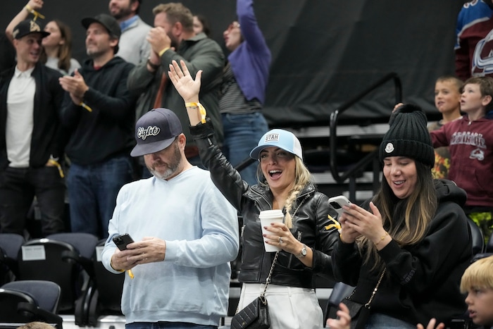 (Bethany Baker  |  The Salt Lake Tribune) Fans cheer after a goal during the game between the Utah Hockey Club and the Colorado Avalanche at the Delta Center in Salt Lake City on Thursday, Oct. 24, 2024.