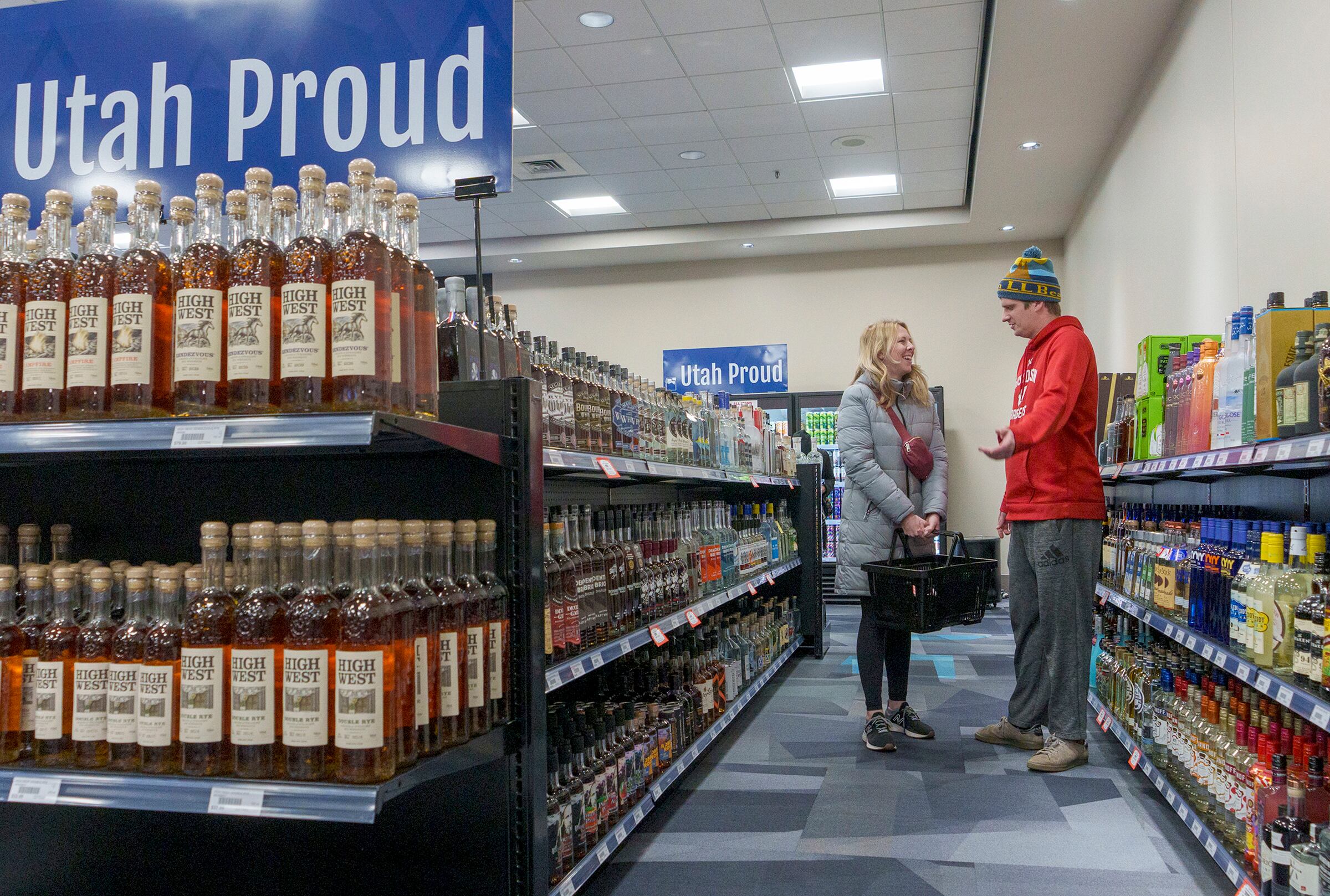 (Leah Hogsten | The Salt Lake Tribune) Miranda Murphy and Eric Anderson purchase alcohol at the pop-up State Liquor and Wine Store at the Salt Palace Convention Center on Thursday, February 16, 2023.