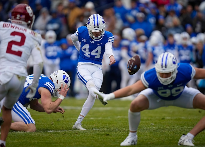 (Bethany Baker | The Salt Lake Tribune) Brigham Young Cougars place kicker Will Ferrin (44) kicks a field goal against the Oklahoma Sooners at LaVell Edwards Stadium in Provo on Saturday, Nov. 18, 2023.