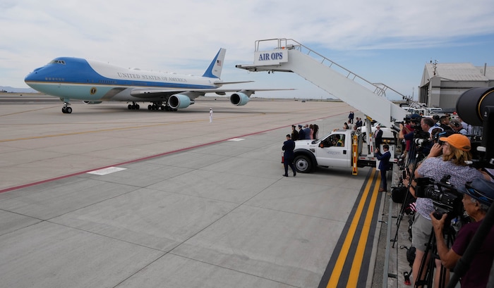 (Francisco Kjolseth | The Salt Lake Tribune) Air Force One arrives at Roland R. Wright Air National Guard Base as President Joe Biden visits Utah on Wednesday, Aug. 9, 2023.