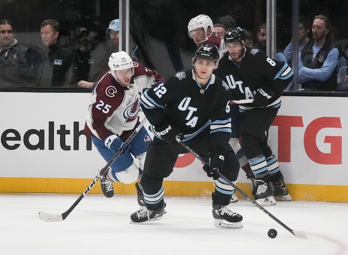 (Bethany Baker  |  The Salt Lake Tribune) Utah Hockey Club defenseman Vladislav Kolyachonok (52) looks to pass during the game between the Utah Hockey Club and the Colorado Avalanche at the Delta Center in Salt Lake City on Thursday, Oct. 24, 2024.