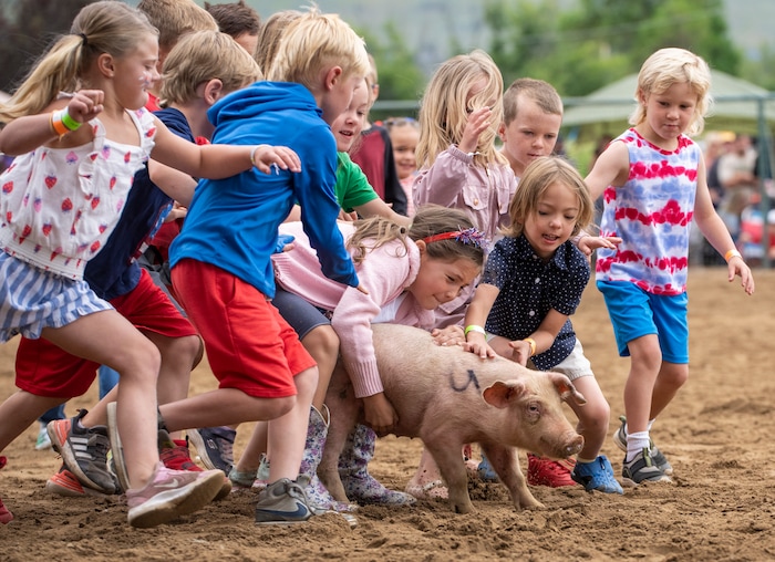 (Rick Egan | The Salt Lake Tribune) Kids wrestle for a pig, in the Pig Chase competition, during the Liberty Days Celebration in Liberty, Utah, on Tuesday, July 4, 2023.  The kids that catch the chickens get to keep them. 