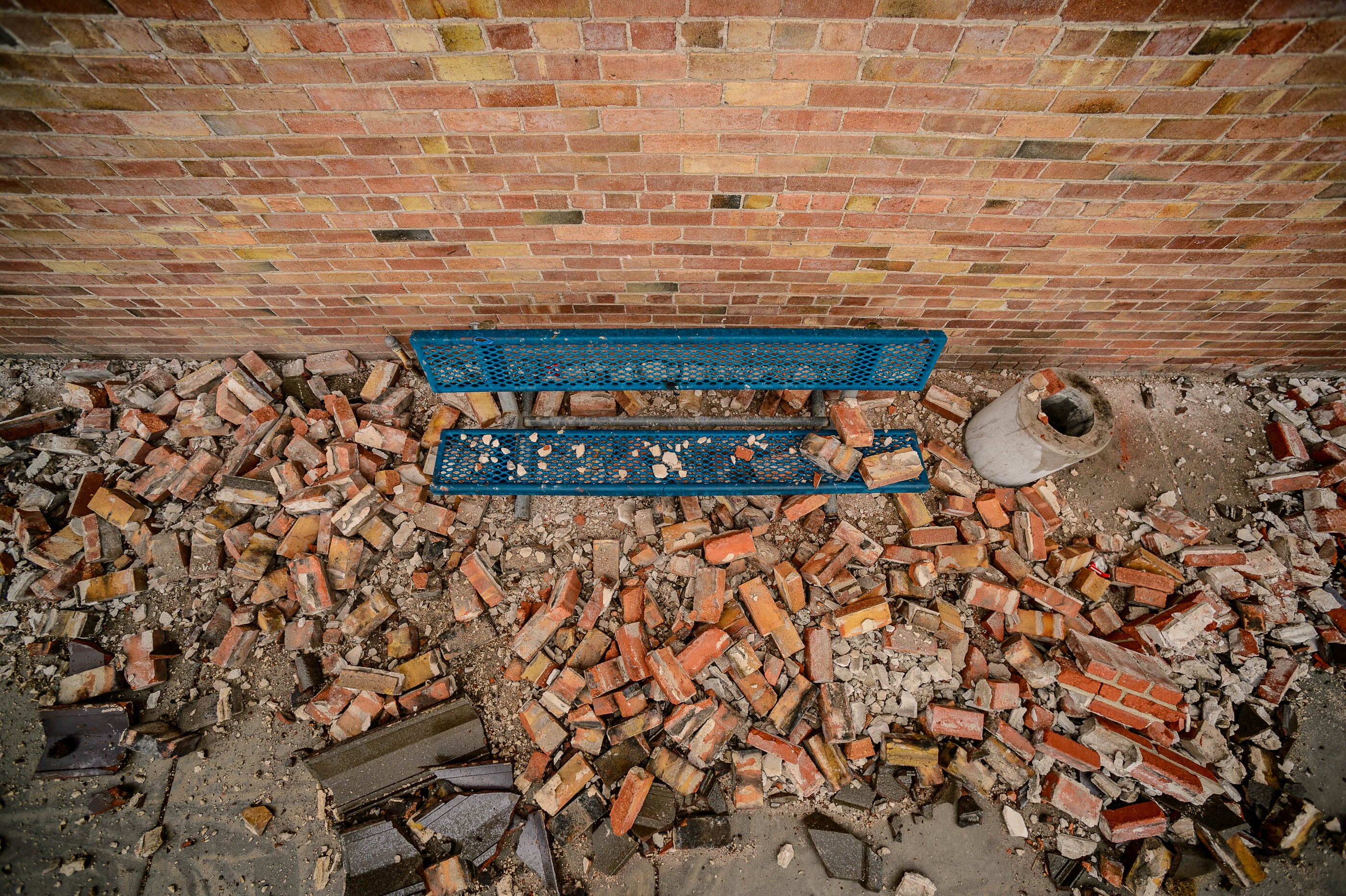 (Trent Nelson | The Salt Lake Tribune) Bricks knocked loose from the VFW Post in Magna during the March 18, 2020, earthquake, as seen on Tuesday, March 24, 2020.