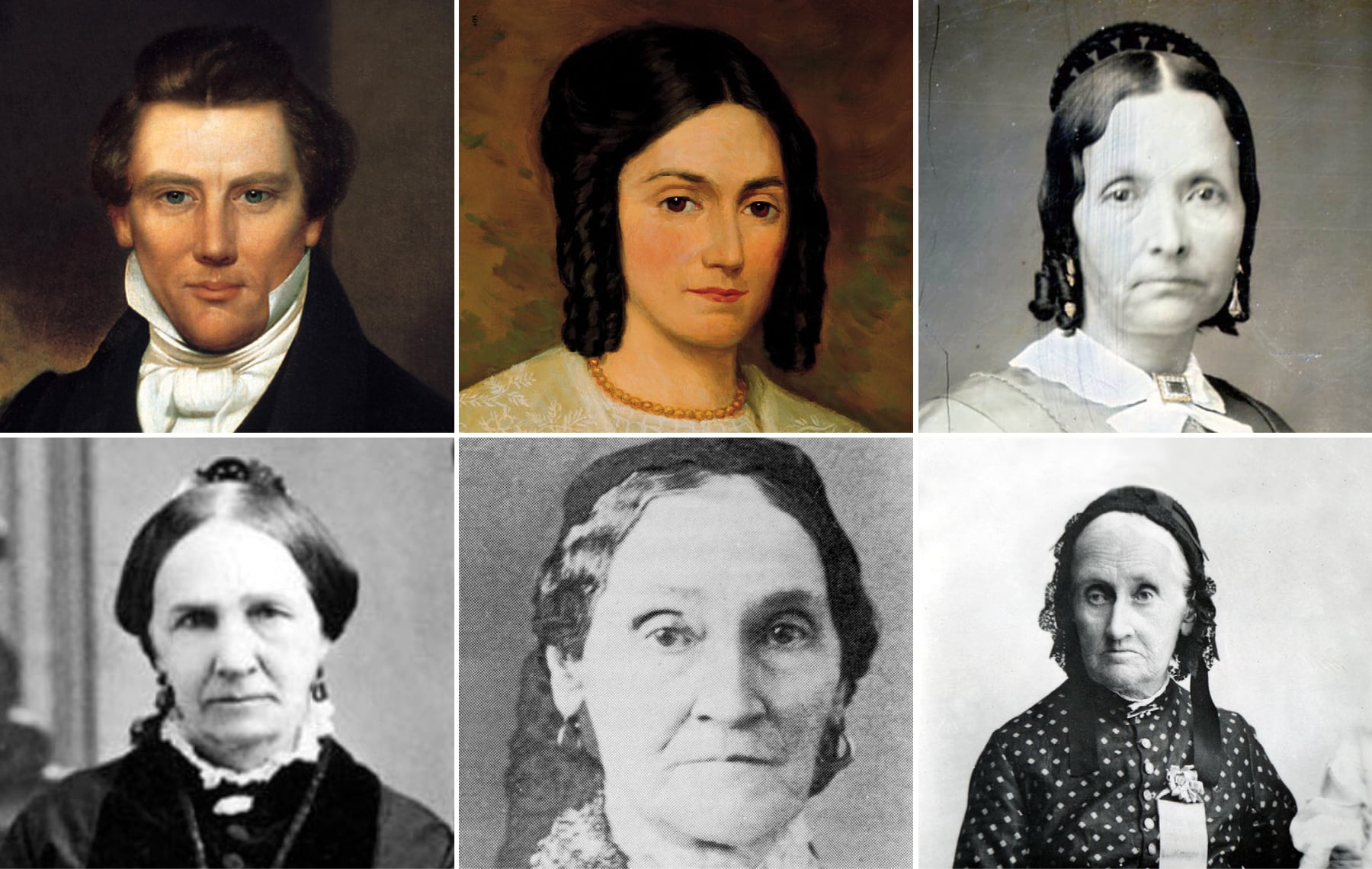 Joseph Smith, top left, and some of his purported wives, clockwise from top middle: first wife Emma Hale Smith; Eliza R. Snow; Martha McBride (Knight Smith Kimball); Marinda Nancy Johnson (Hyde Smith); and Zina Diantha Huntington Jacobs (Smith Young).