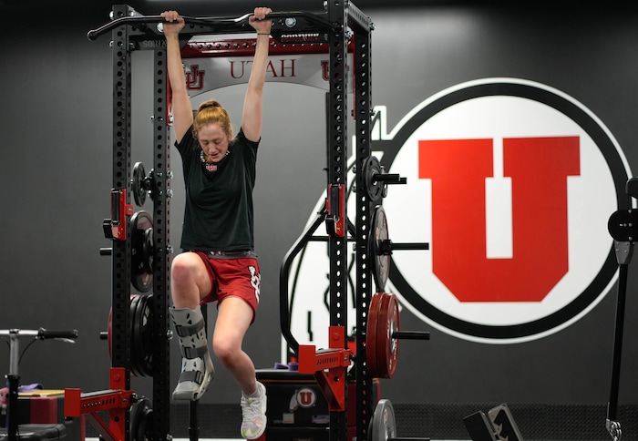 (Francisco Kjolseth  |  The Salt Lake Tribune) Utah basketball player Gianna Kneepkens rotates through a number of exercises in the weight room as she makes her way back from a season-ending injury on Wednesday, Jan. 24, 2024. 