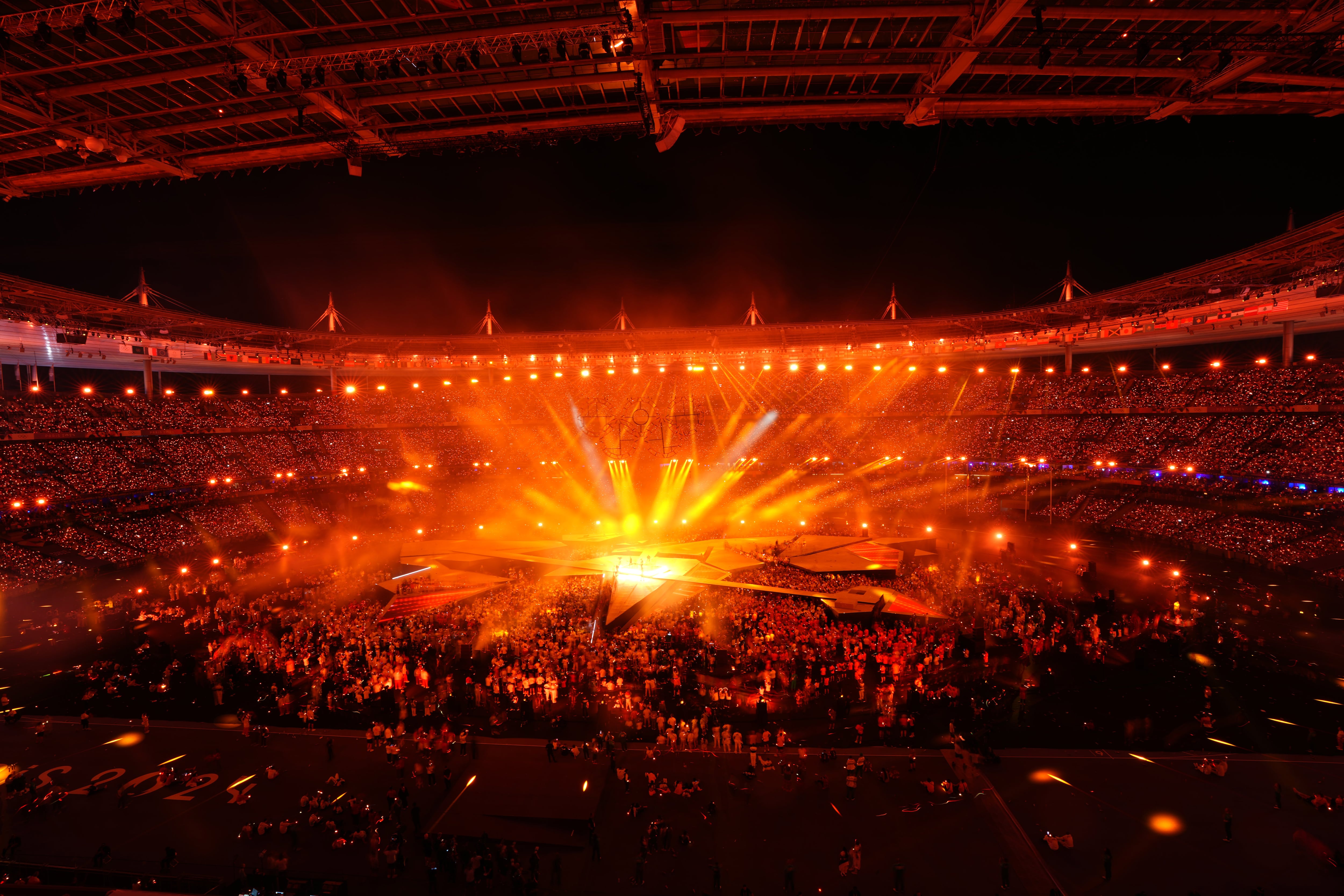 The band Phoenix performs during the closing ceremony of the 2024 Paris Summer Olympics at the Stade de France in Saint-Denis, France, on Sunday, Aug. 11, 2024. (Chang W. Lee/The New York Times)