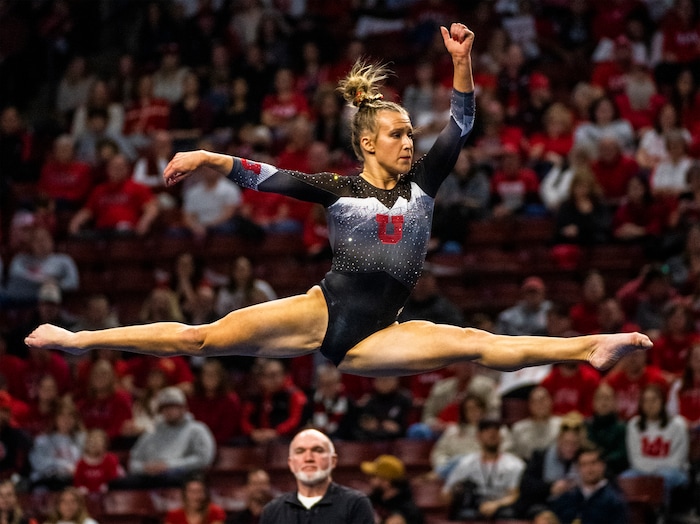 (Rick Egan | The Salt Lake Tribune)  Abby Paulson competes on the floor, for Utah, during a meet between Utah, LSU, Oklahoma and UCLA at the Maverik Center, on Saturday, Jan. 13, 2024.
