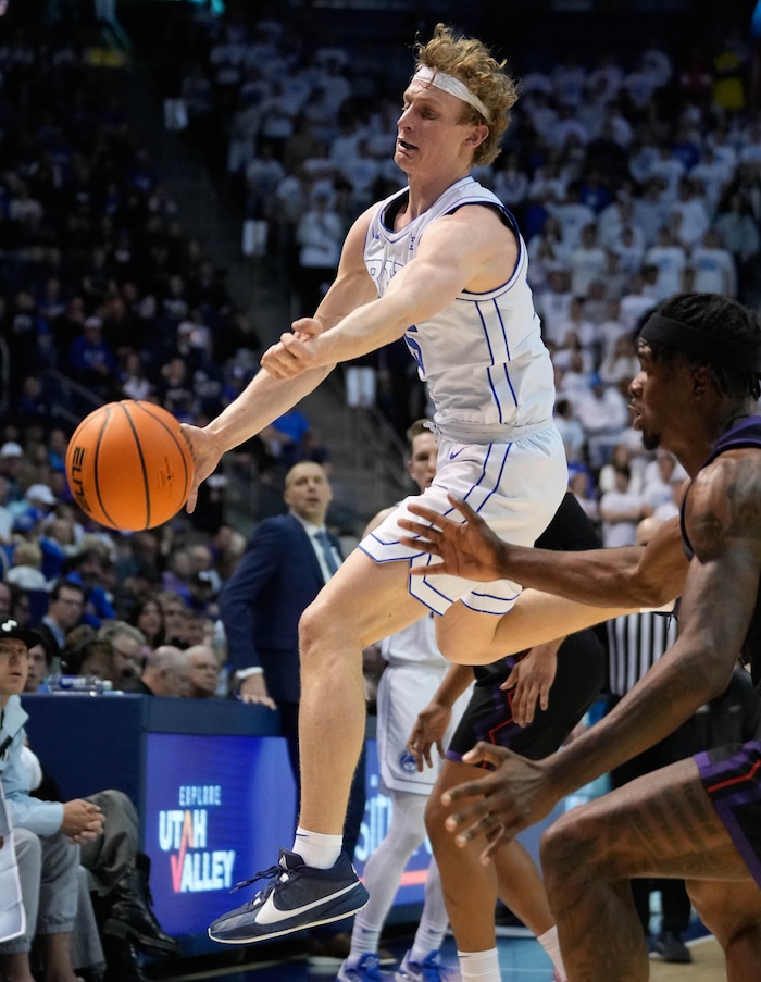 (Francisco Kjolseth  |  The Salt Lake Tribune) Brigham Young Cougars guard Richie Saunders (15) loses his grip on the ball during an NCAA college basketball game against TCU Saturday, March 2, 2024, in Provo, Utah.