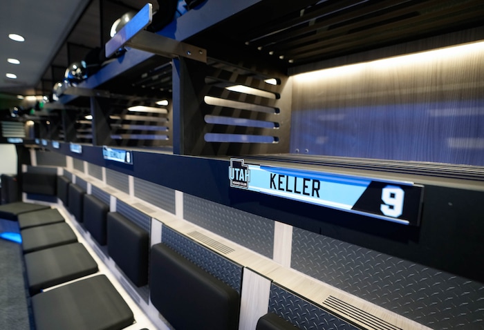 (Francisco Kjolseth  | The Salt Lake Tribune) The new Utah hockey club locker room is pictured at the Delta Center on Friday, Oct. 25, 2024, in Salt Lake City.