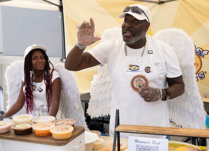 (Rick Egan | The Salt Lake Tribune)  Lavarro Greer talks about Heaven's Best Flavored Butters at The Gateway mall during a Juneteenth celebration on Monday, June 19, 2023.