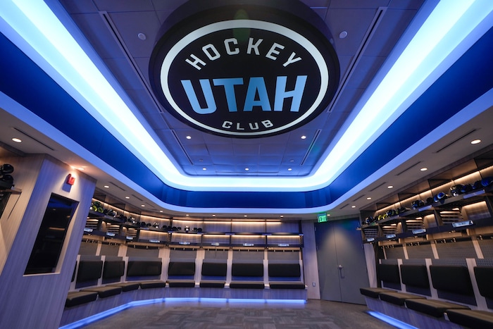 (Francisco Kjolseth  | The Salt Lake Tribune) The new Utah hockey club locker room is pictured at the Delta Center on Friday, Oct. 25, 2024, in Salt Lake City.