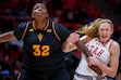 (Trent Nelson  |  The Salt Lake Tribune) Arizona State Sun Devils center Nevaeh Parkinson (32) and Utah Utes guard Gianna Kneepkens (5) as Utah hosts Arizona State, NCAA basketball in Salt Lake City on Saturday, Dec. 21, 2024.