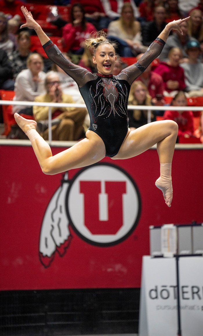 (Rick Egan | The Salt Lake Tribune)  Makenna Smith performs on the floor, in gymnastics action between Utah  Red Rocks and Oregon State, at the Jon M. Huntsman Center, on Friday, Feb. 2, 2024.
