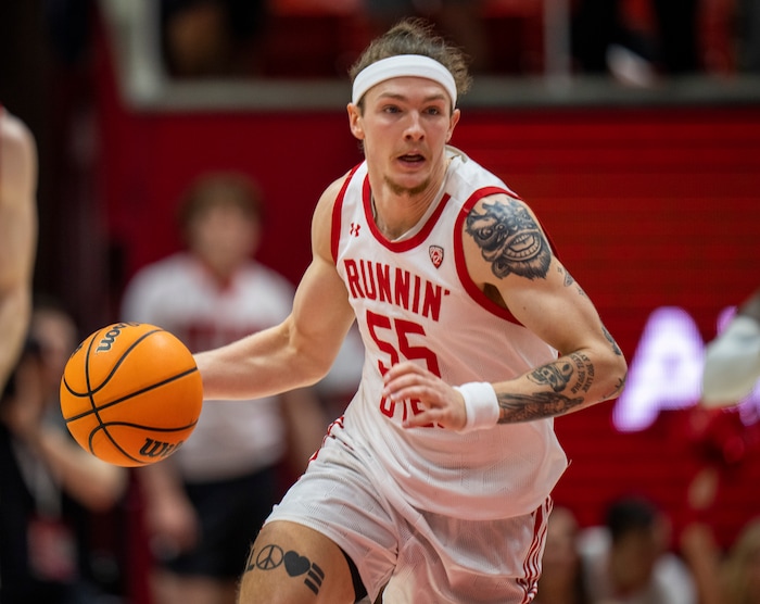 (Rick Egan | The Salt Lake Tribune) Utah Utes guard Gabe Madsen (55) leads a fast break, in PAC-12 basketball action between the Utah Utes and the Colorado Buffaloes, at the Jon M. Huntsman Center, on Saturday, Feb. 3, 2024.
