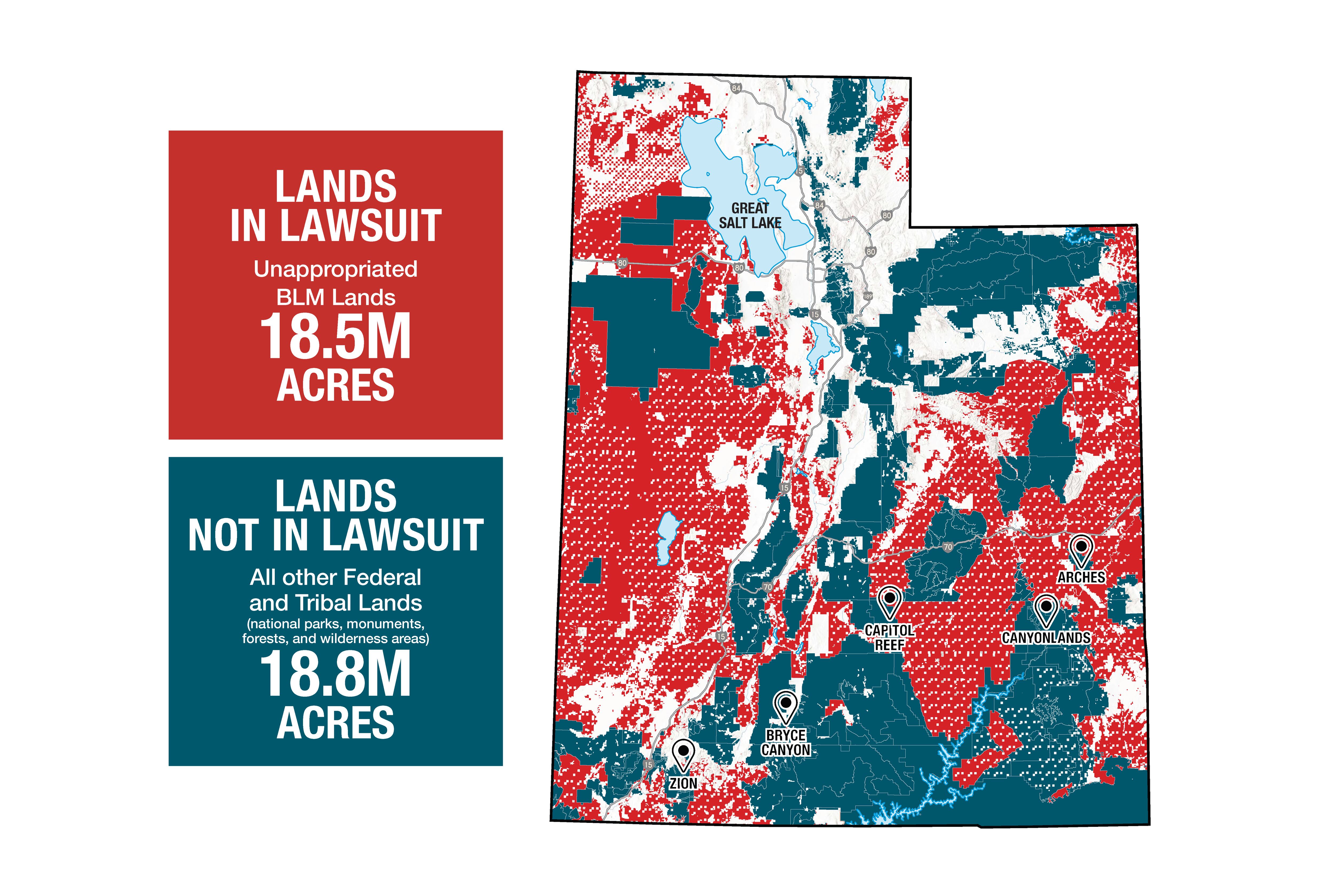 (State of Utah) The state has filed a lawsuit challenging the federal government's control of the land in red, currently overseen by the Bureau of Land Management.