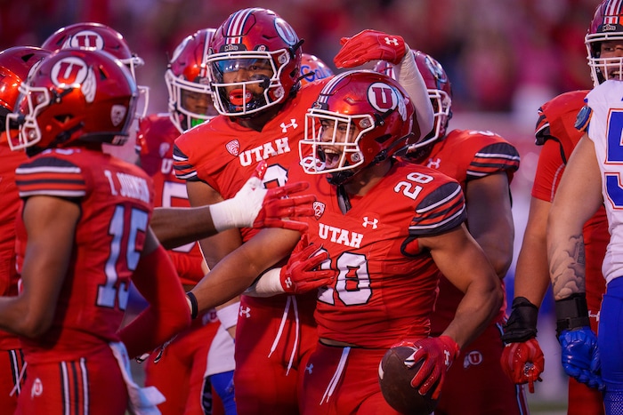 (Trent Nelson  |  The Salt Lake Tribune) Utah Utes safety Sione Vaki (28) celebrates an interception as the Utah Utes host the Florida Gators, NCAA football in Salt Lake City on Thursday, Aug. 31, 2023.