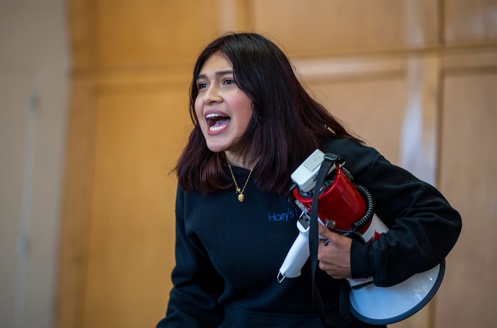 (Rick Egan | The Salt Lake Tribune)  Chantal Irungaray leads the crowd in a chant during a sit-in, as the group Mecha occupies the Union Ballroom during a protest on the University of Utah Campus, on Wednesday, Nov. 15, 2023.
