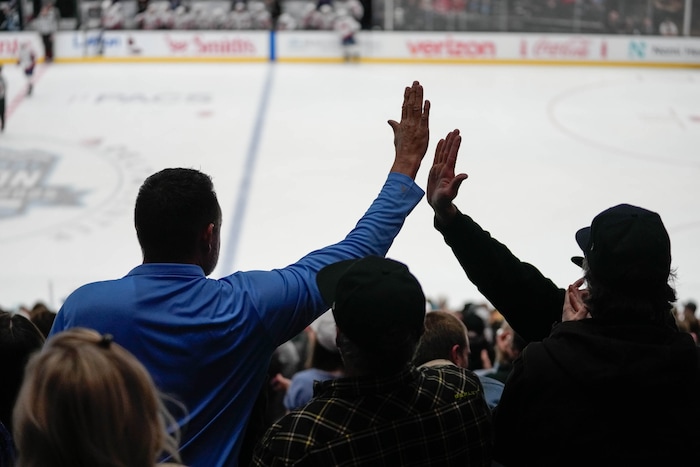 (Francisco Kjolseth  | The Salt Lake Tribune) Utah fans cheer a goal by the Utah Hockey Club against the Washington Capitols during an NHL hockey game at the Delta Center in Salt Lake City on Monday, Nov. 18, 2024.