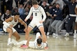 (Eli Lucero | AP) Utah State guard Dexter Akanno (7) and guard Drake Allen (8) celebrate with guard Ian Martinez after he was fouled while making the game winning 3-pointer against Boise State in the second half of an NCAA college basketball game Saturday, Jan. 11, 2025, in Logan, Utah.