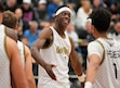 (Francisco Kjolseth  | The Salt Lake Tribune) Utah Prep Academy’s AJ Dybantsa, a star basketball player and potential BYU commit, celebrates a teammates basket as he plays in the 5 for the Fight National Hoopfest in Pleasant Grove on Tuesday, Nov. 26, 2024.