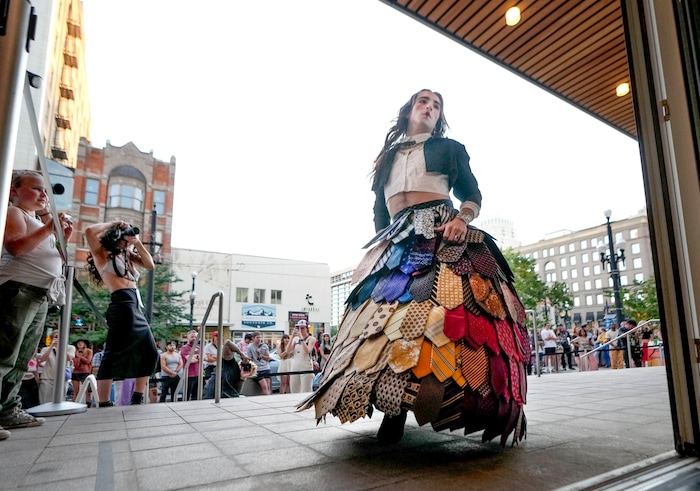 (Francisco Kjolseth | The Salt Lake Tribune) Model Brady Hamilton showcases the work of Sage Nelsen for a fashion and hip-hop mash up at Eccles Theater on Main Street on Friday, July 21, 2023.