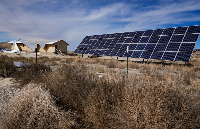 (Francisco Kjolseth  |  The Salt Lake Tribune) A 13,000 watt bifacial solar system owned by Larry and Jenny Jones helps power their home at Riverbed Ranch as they slowly make progress on their property plan, pictured Saturday, February. 17, 2024.