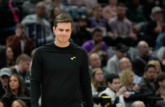 (Francisco Kjolseth  |  The Salt Lake Tribune) Utah Jazz coach Will Hardy shows his disappointment as the team loses 122 - 138 to the Lakers during an NBA basketball game Wednesday, Feb. 14, 2024, in Salt Lake City.