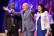 (Jeffrey D. Allred | Pool) President Russell M. Nelson, with wife Wendy Nelson, of The Church of Jesus Christ of Latter-day Saints gestures during his 100th birthday celebration on Sept. 9, 2024.