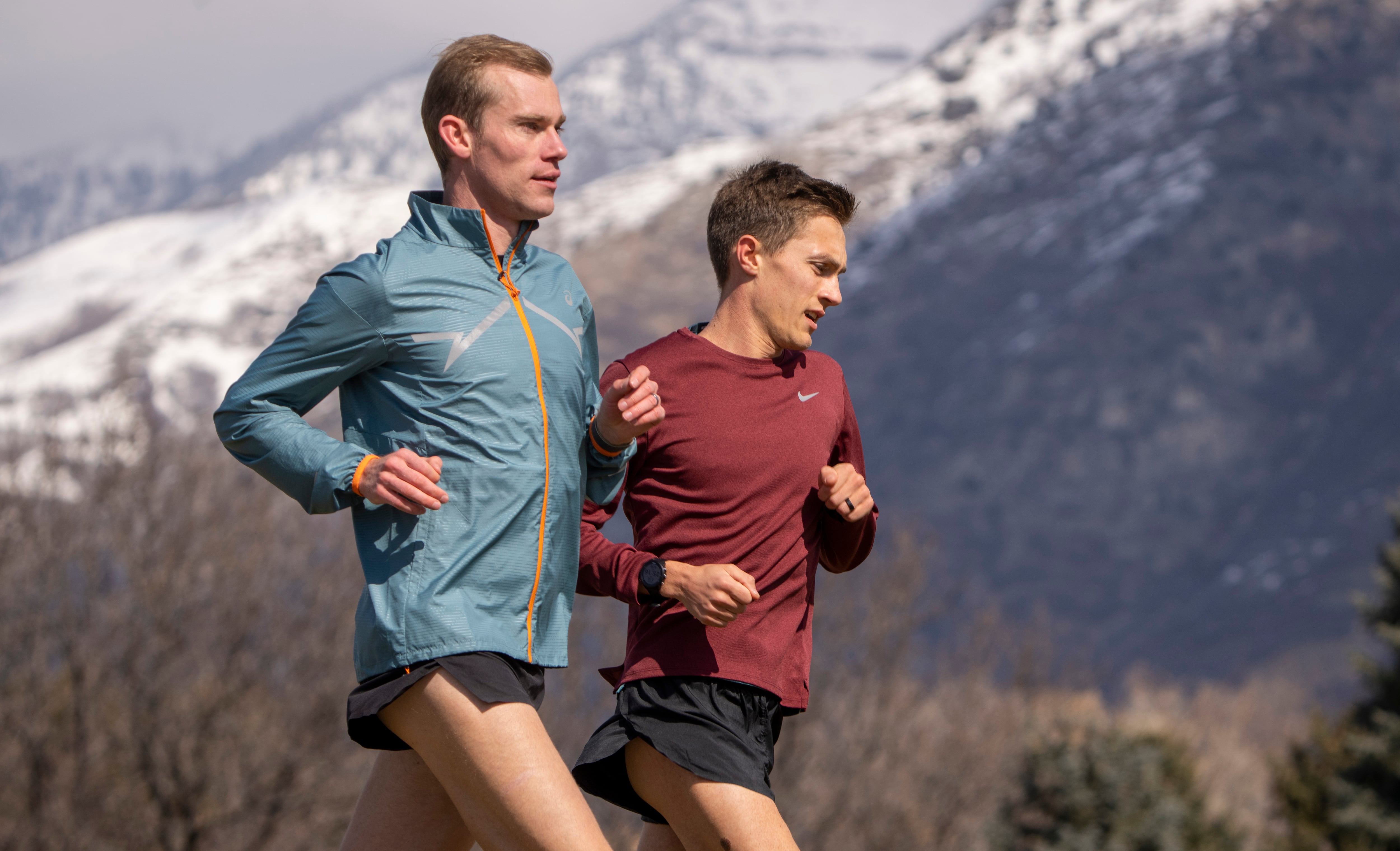 (Rick Egan | The Salt Lake Tribune) Clayton Young, and Conner Mantz, run at the Clarence F. Robison Outdoor Track, on Friday, Feb. 23, 2024.
