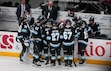 (Bethany Baker  |  The Salt Lake Tribune) Utah Hockey Club take a timeout during the third period of the game at Delta Center in Salt Lake City on Friday, Nov. 15, 2024.