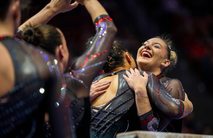 (Rick Egan | The Salt Lake Tribune)  Makenna Smith performs on the beam, in gymnastics action between Utah Red Rocks and Oregon State, at the Jon M. Huntsman Center, on Friday, Feb. 2, 2024.
