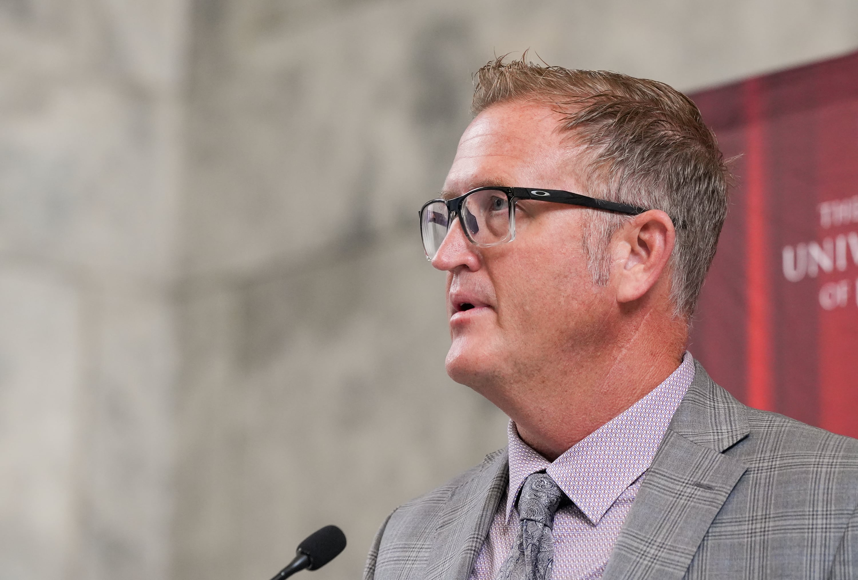 (Chris Samuels | The Salt Lake Tribune) Canyons School District superintendent Rick Robins gives remarks at the University of Utah Monday, Aug. 12, 2024, on a new program to offer guaranteed admissions to students in four school districts,