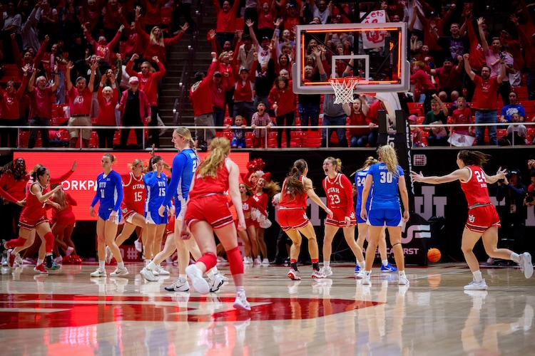 (Trent Nelson | The Salt Lake Tribune) Utah Utes guard Matyson Wilke (23) celebrates her game-winning shot as Utah hosts BYU, NCAA basketball in Salt Lake City on Saturday, March 1, 2025.