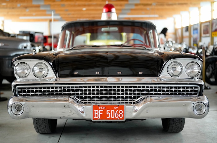 (Francisco Kjolseth  | The Salt Lake Tribune) A 1959 Ford Tudor Sedan unofficial police car is pictured at the Richard W. Erickson Foundation Power Show & Museum in Wallsburg, Utah on Tuesday, Aug. 6, 2024.