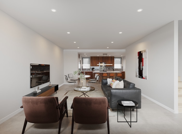 (CW Land Co.) A rendering of one of the interiors — a small living room — in the apartments in theYARD, C.W. Urban's 8.58-acre build-to-rent development in Salt Lake City's Fairpark neighborhood.