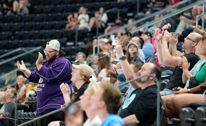 (Francisco Kjolseth  |  The Salt Lake Tribune) Hockey fans cheer on the No. 6 pick in the NHL Draft pick of center Tij Iginla as the Utah Hockey Club hosts their first NHL draft party at the Delta Center on Friday, June 28, 2024.