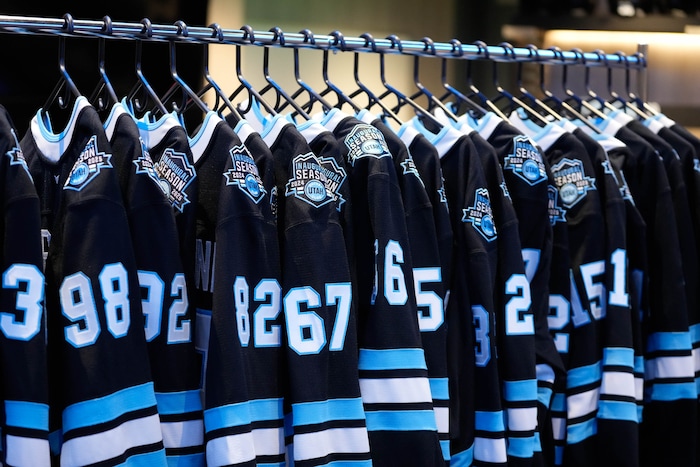 (Francisco Kjolseth  | The Salt Lake Tribune) The new Utah hockey club locker room is pictured at the Delta Center on Friday, Oct. 25, 2024, in Salt Lake City.