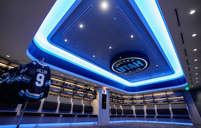 (Francisco Kjolseth  | The Salt Lake Tribune) The new Utah hockey club locker room is pictured at the Delta Center on Friday, Oct. 25, 2024, in Salt Lake City.