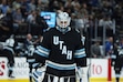 (Melissa Majchrzak } ) Utah Hockey Club goalie Karel Vejmelka (70) skates on the ice during the third period against the Colorado Avalanche at an NHL hockey game on Oct 24, 2024, in Salt Lake City. 