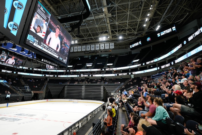 (Francisco Kjolseth  |  The Salt Lake Tribune) Hockey fans cheer on the No. 6 pick in the NHL Draft pick of center Tij Iginla as the Utah Hockey Club hosts their first NHL draft party at the Delta Center on Friday, June 28, 2024.