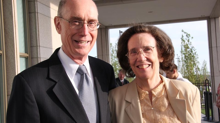 (The Church of Jesus Christ of Latter-day Saints) President Henry B. Eyring and his wife, Sister Kathleen Eyring, arrive Saturday morning for the second day of the dedication of the Oquirrh Mountain Utah Temple in 2009 in South Jordan