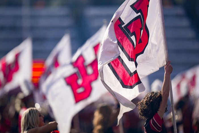 (Francisco Kjolseth  |  The Salt Lake Tribune) The band and flag detail celebrate the start of the game between the Utah Utes and the Arizona State Sun Devils in NCAA football in Salt Lake City on Saturday, Nov. 4, 2023.