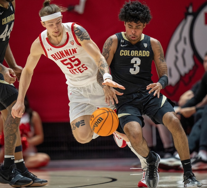 (Rick Egan | The Salt Lake Tribune) Utah Utes guard Gabe Madsen (55) steals the ball from Colorado Buffaloes guard Julian Hammond III (3), in PAC-12 basketball action between the Utah Utes and the Colorado Buffaloes a the Jon M. Huntsman Center, on Saturday, Feb. 3, 2024.
