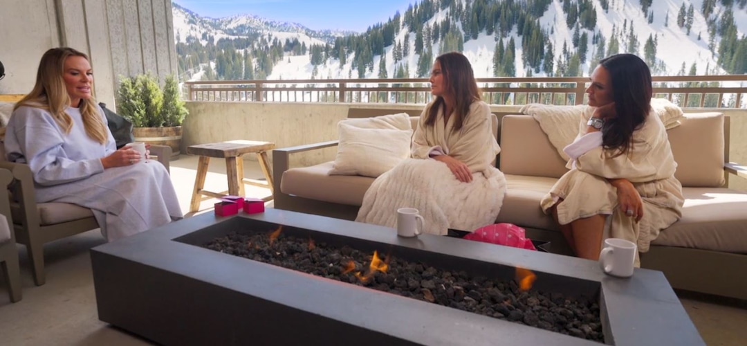 (Bravo) Heather Gay, Lisa Barlow and Meredith Marks, from left, talk at the Stillwell Spa at the Snowpine Lodge Resort in Alta, on an episode of "The Real Housewives of Salt Lake City."