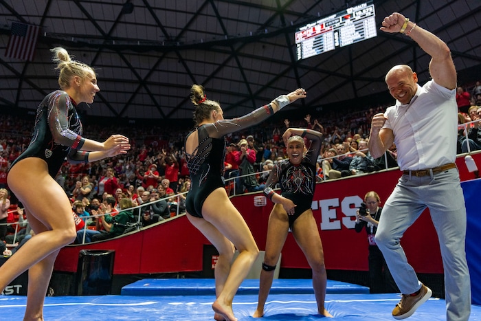 (Rick Egan | The Salt Lake Tribune)  Jaedyn Rucker reacts after her vault, in gymnastics action between Utah Red Rocks and Oregon State, at the Jon M. Huntsman Center, on Friday, Feb. 2, 2024.
