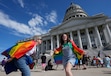 (Francisco Kjolseth  |  The Salt Lake Tribune) Friends Kelly Anne Ward, left, and September McKinnon dance to the music at the Utah Capitol for the Rainbow March and Rally to City Hall in downtown Salt Lake City for Pride Week on Saturday, June 1, 2024.