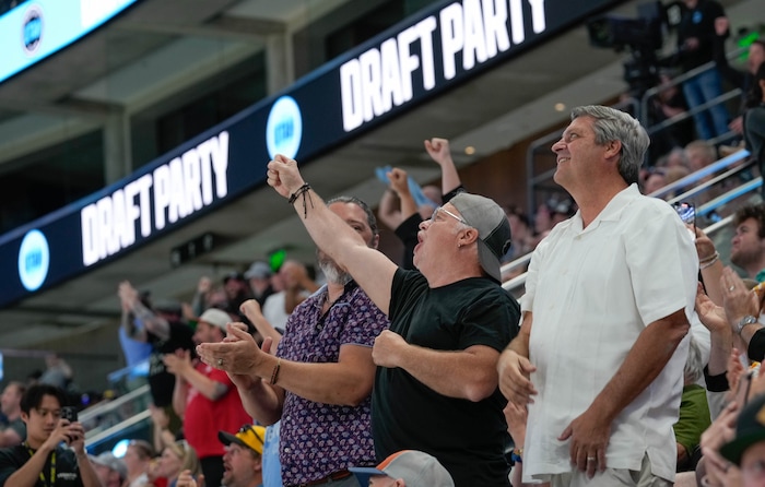 (Francisco Kjolseth  |  The Salt Lake Tribune) Hockey fans cheer on the No. 6 pick in the NHL Draft pick of center Tij Iginla as the Utah Hockey Club hosts their first NHL draft party at the Delta Center on Friday, June 28, 2024.