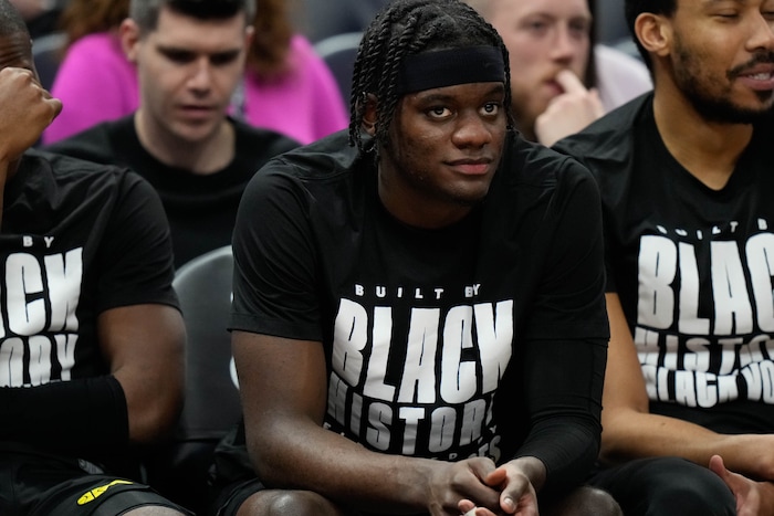 (Francisco Kjolseth  |  The Salt Lake Tribune) Utah Jazz forward Taylor Hendricks (0) on the bench during an NBA basketball game Wednesday, Feb. 14, 2024, in Salt Lake City.