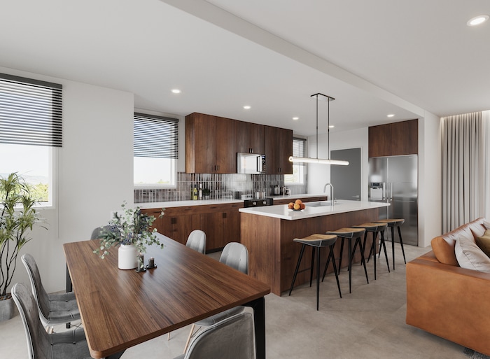 (CW Land Co.) A rendering of one of the interiors — a large kitchen — in the apartments in theYARD, C.W. Urban's 8.58-acre build-to-rent development in Salt Lake City's Fairpark neighborhood.