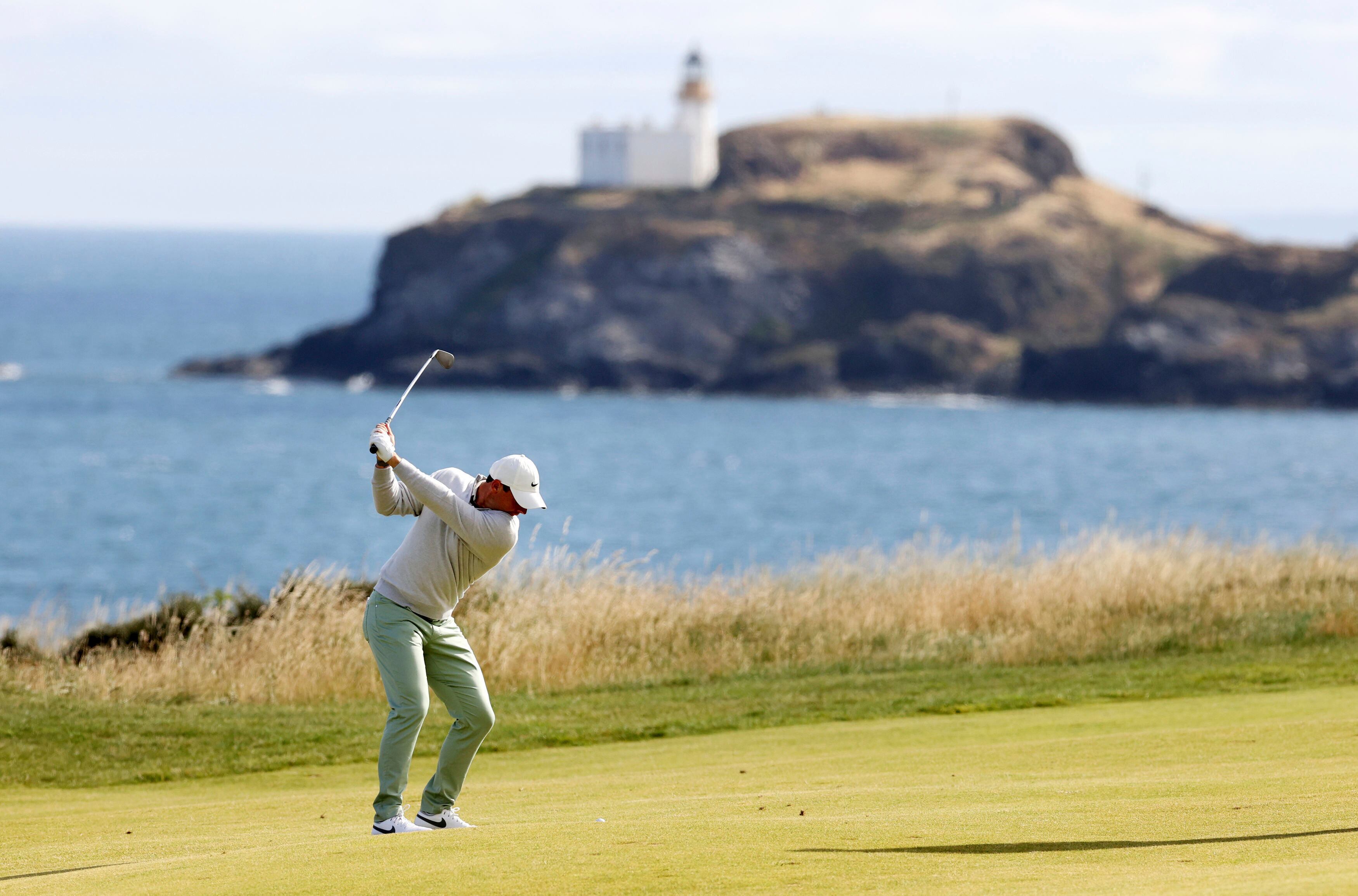 Northern Ireland's Rory McIlroy plays from the 13th fairway on day one of the Genesis Scottish Open 2023 at The Renaissance Club, in North Berwick, Scotland, Thursday, July 13, 2023. (Steve Welsh/PA via AP)